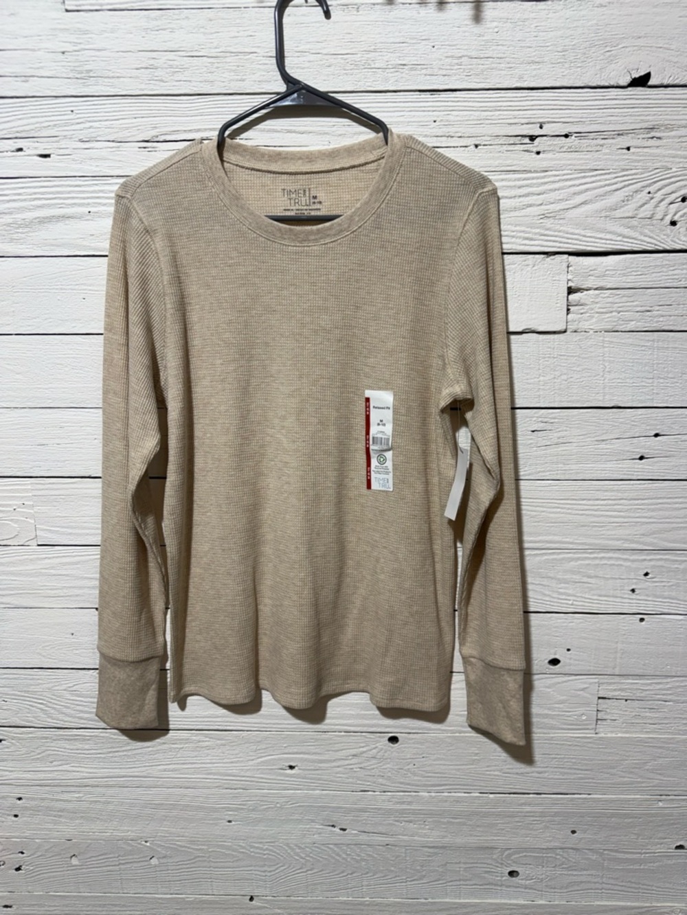 Time and True Womens Long-Sleeve Waffle Crew - Beige Tan Cozy Top